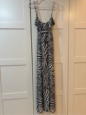Janice Zebra Print Maxi Dress Small S Black White Chiffon Ruffle Empire Waist